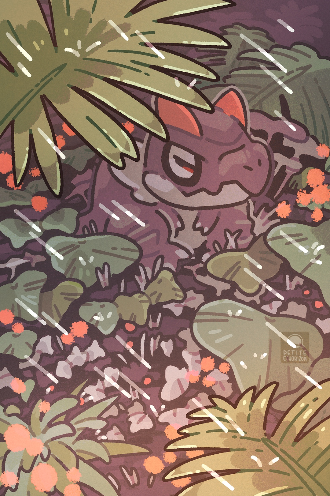 petite echorizon, tyrunt, nintendo, pokemon, commentary, english commentary, highres, claws, digitigrade, dinosaur, gen 6 pokemon, grass, leaf, no humans, outdoors, plant, pokemon (creature), rain, snout, taking shelter, wet