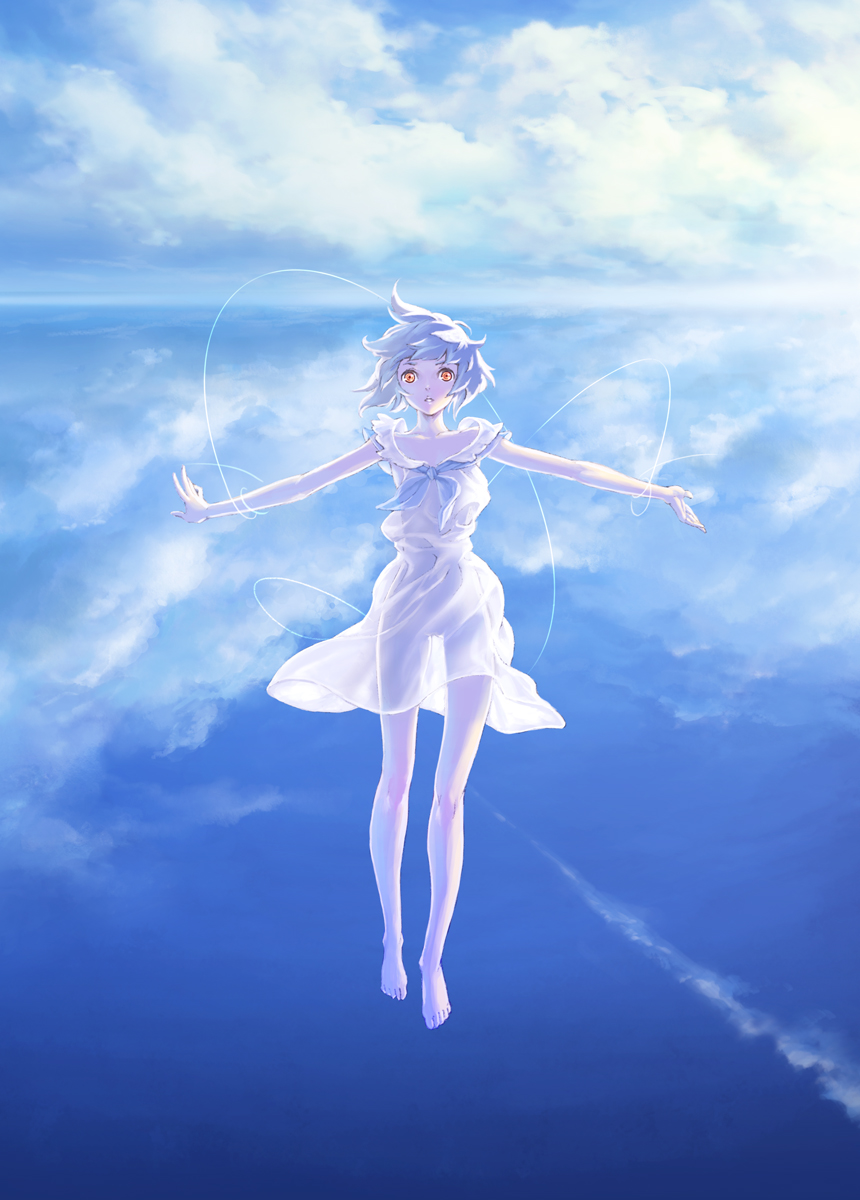 hisakata souji, original, highres, barefoot, blue hair, blue theme, brown eyes, cloud, contrail, day, dress, feet, legs, midair, see-through clothes, short hair, sky