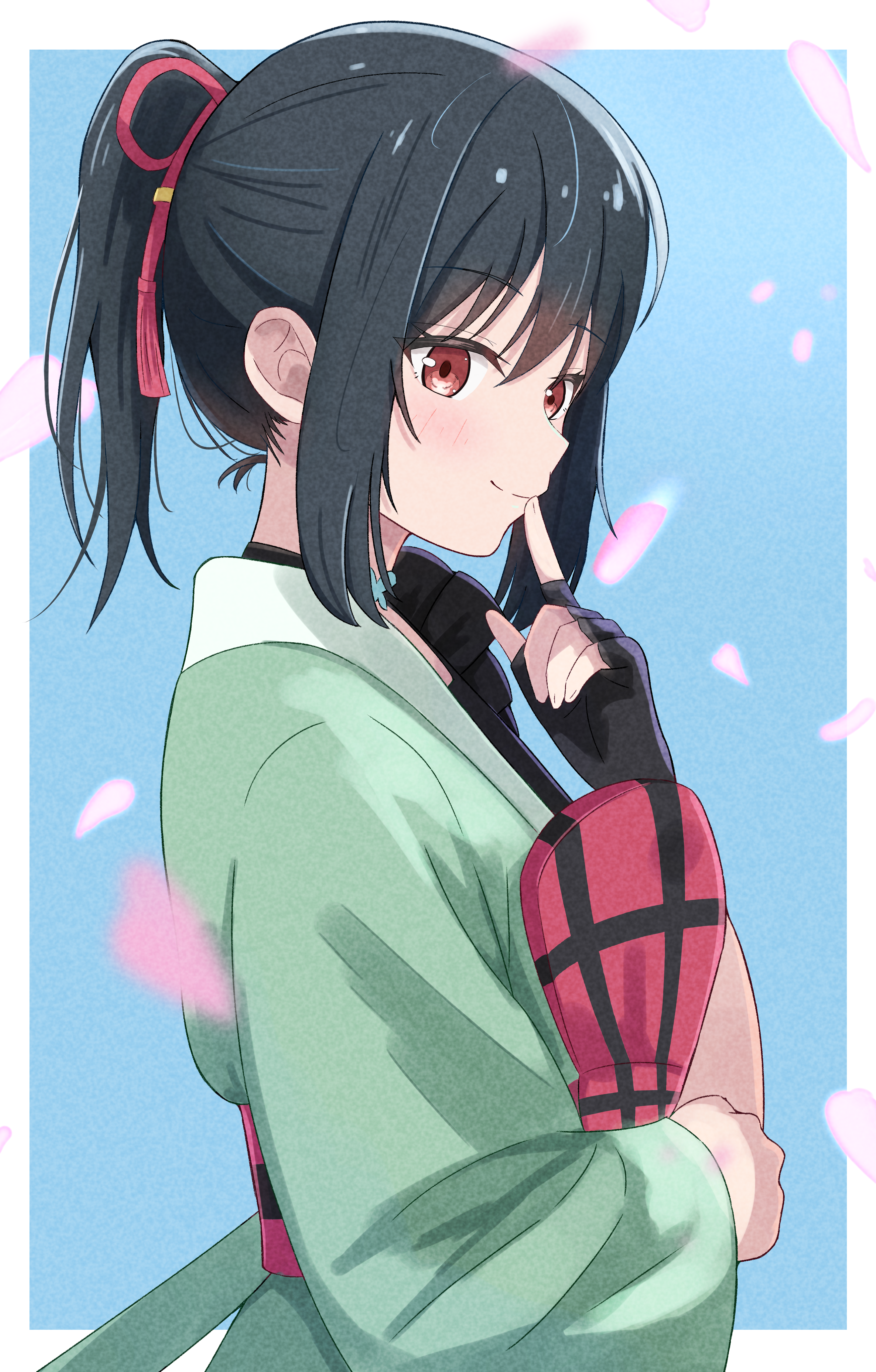 azakura (beniyomogi), mifune shioriko, love live!, love live! nijigasaki high school idol club, absurdres, commentary request, highres, 1girl, black gloves, black hair, blue background, border, closed mouth, falling petals, film grain, finger to mouth, fingerless gloves, from side, gloves, green kimono, hand up, index finger raised, japanese clothes, kimono, long sleeves, looking to the side, outside border, petals, ponytail, red eyes, short hair, sidelocks, simple background, smile, solo, standing, upper body, white border