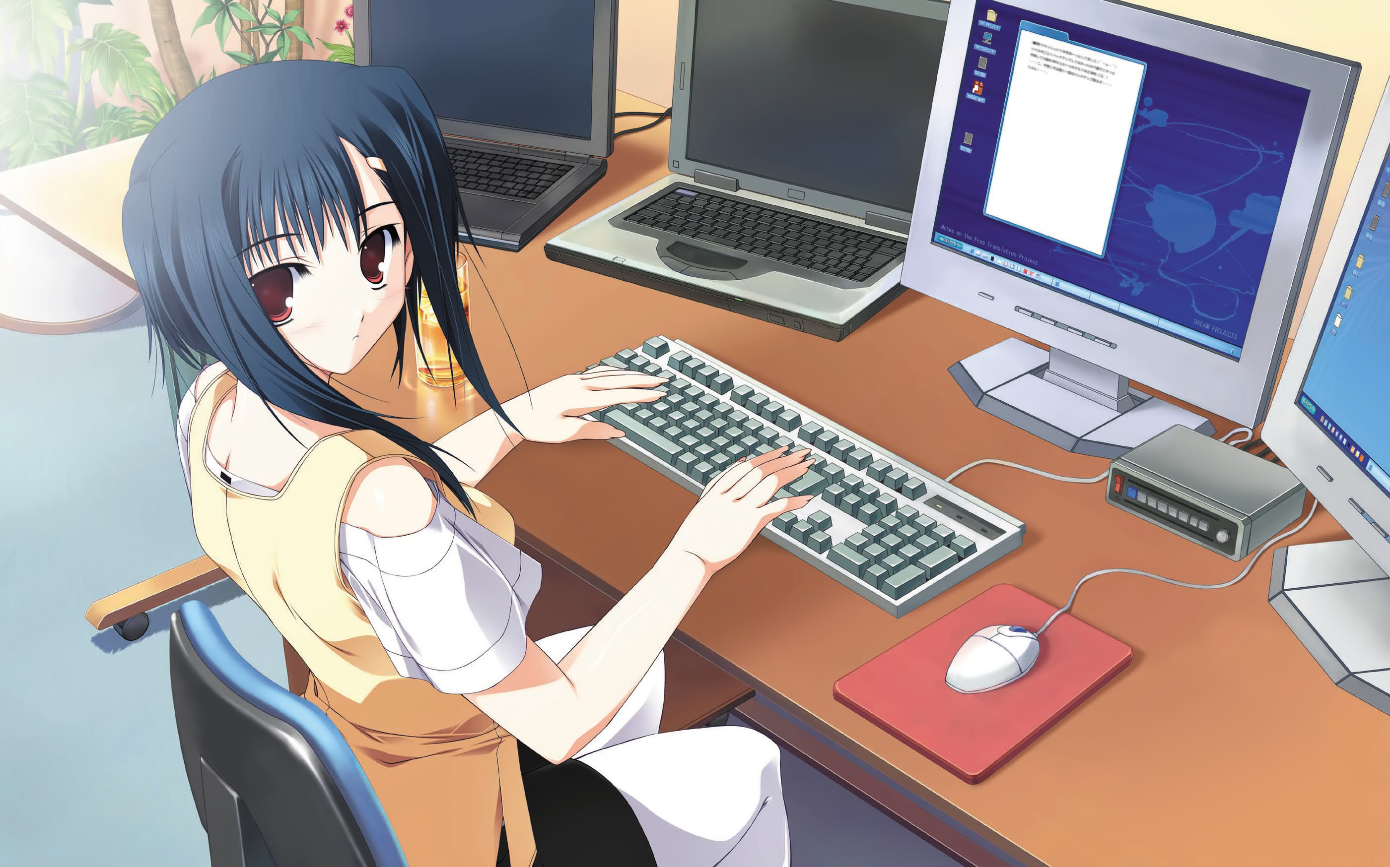 izumi rikka, original, primitive link, highres, 1girl, black hair, chair, computer, computer keyboard, computer mouse, drink, female focus, fingernails, flower, glass, hair ornament, hairclip, instrument, keyboard, laptop, leaf, looking back, monitor, mousepad (object), pantyhose, pantyhose under shorts, plant, red eyes, shorts, solo, swivel chair, white pantyhose