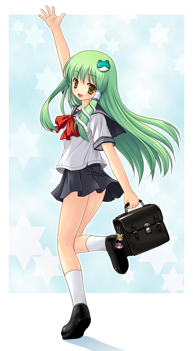 yamasan, kochiya sanae, moriya suwako, yasaka kanako, touhou, highres, 1girl, alternate costume, bag, cameo, charm (object), female focus, frog, full body, gradient background, green hair, hair ornament, long hair, school bag, school uniform, serafuku, skirt, snake, solo, waving, yellow eyes