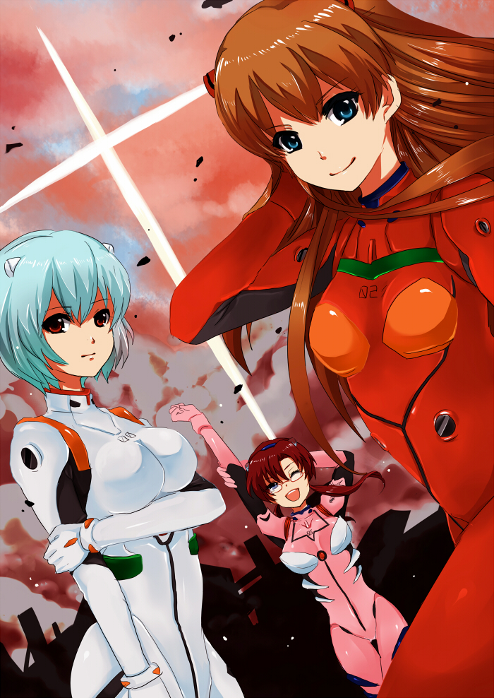 masaki (celesta), ayanami rei, makinami mari illustrious, souryuu asuka langley, evangelion: 2.0 you can (not) advance, neon genesis evangelion, rebuild of evangelion, breast hold, bad id, bad pixiv id, 00s, 3girls, arms behind head, bodysuit, breasts, cross, dutch angle, glasses, mecha pilot suit, multiple girls, one eye closed, plugsuit (evangelion), smile, smoke, wink