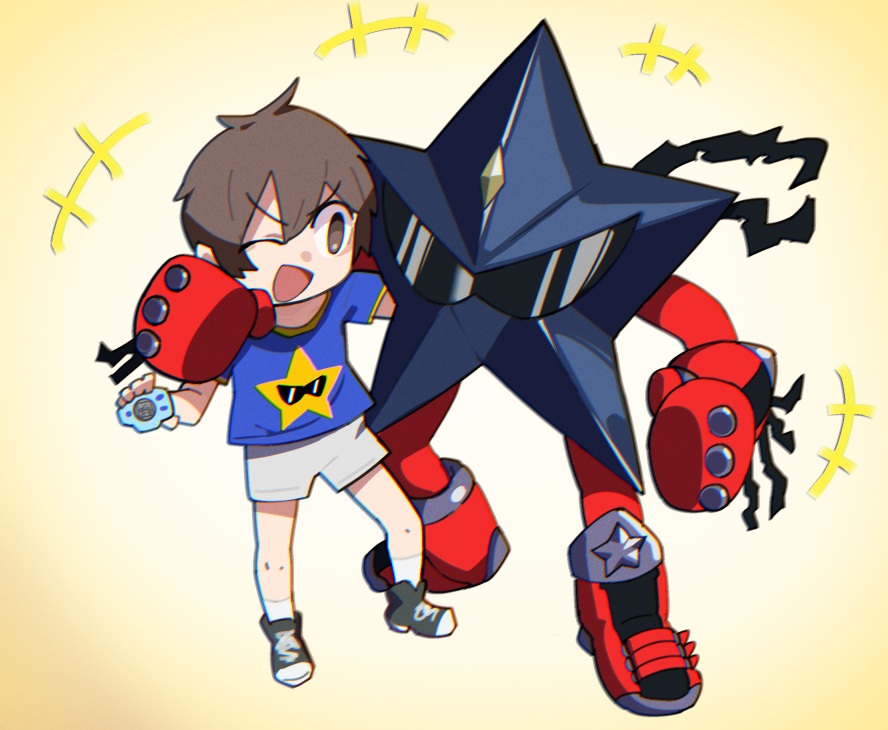 nuezou, darksuperstarmon, digimon, commentary request, 1boy, blue shirt, boots, brown eyes, brown hair, digimon (creature), digivice, forehead jewel, full body, gloves, one eye closed, print shirt, red boots, red gloves, shirt, short hair, shorts, star (symbol), star print, sunglasses, t-shirt, white shorts, yellow background