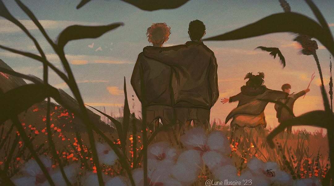 adam parrish, ronan lynch, the raven cycle, 4boys, black hair, blue sargent, brown hair, golden hour, luneillusoire, multiple boys, orange hair, outdoors, richard gansey iii, running, sky