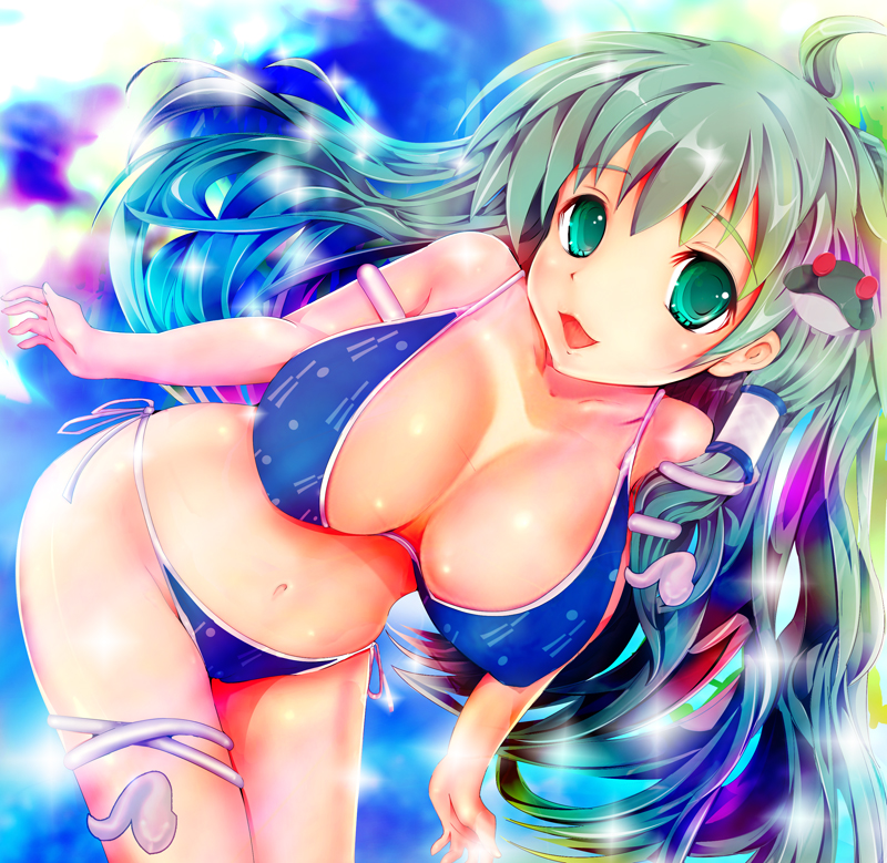 teruru, kochiya sanae, touhou, 1girl, bikini, blue bikini, breasts, cleavage, female focus, frog, green eyes, green hair, hair ornament, large breasts, long hair, matching hair/eyes, panties, side-tie bikini bottom, side-tie panties, snake, solo, swimsuit, underwear