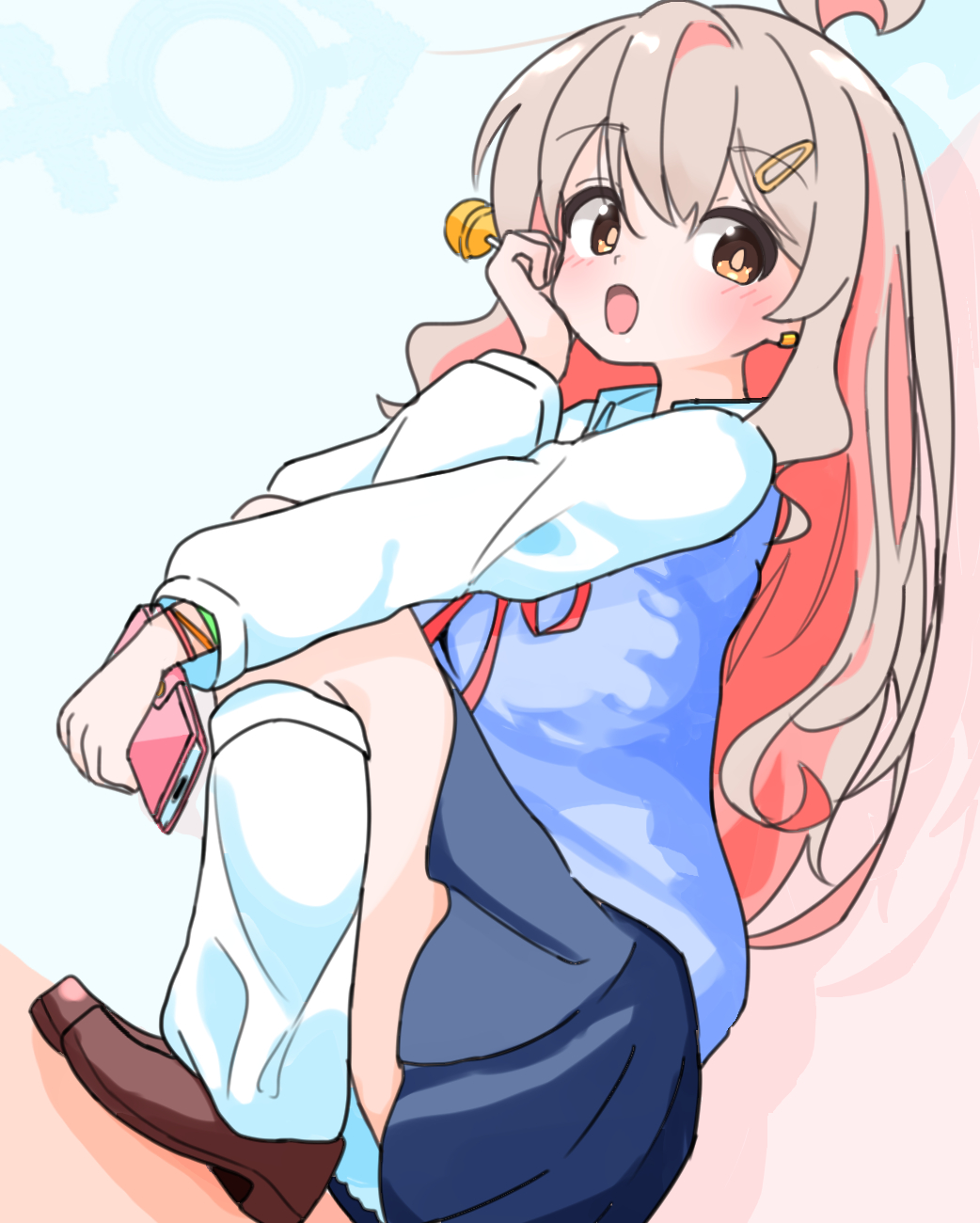 riru 121, oyama mahiro, onii-chan wa oshimai!, commentary, highres, 1girl, :d, ahoge, black skirt, blue background, blue vest, blush, brown eyes, brown shoes, candy, cellphone, colored inner hair, earclip, food, full body, grey hair, gyaru, hair ornament, hairclip, hand on own cheek, hand on own face, holding, holding candy, holding food, holding lollipop, holding phone, kogal, lollipop, long hair, long sleeves, looking at viewer, loose socks, male-female symbol, multicolored hair, neck ribbon, open mouth, parallel hairclips, phone, pink background, pink hair, red ribbon, ribbon, shirt, shoes, simple background, skirt, smartphone, smile, socks, solo, squatting, two-tone background, two-tone hair, vest, white shirt, white socks, wing collar, wristband