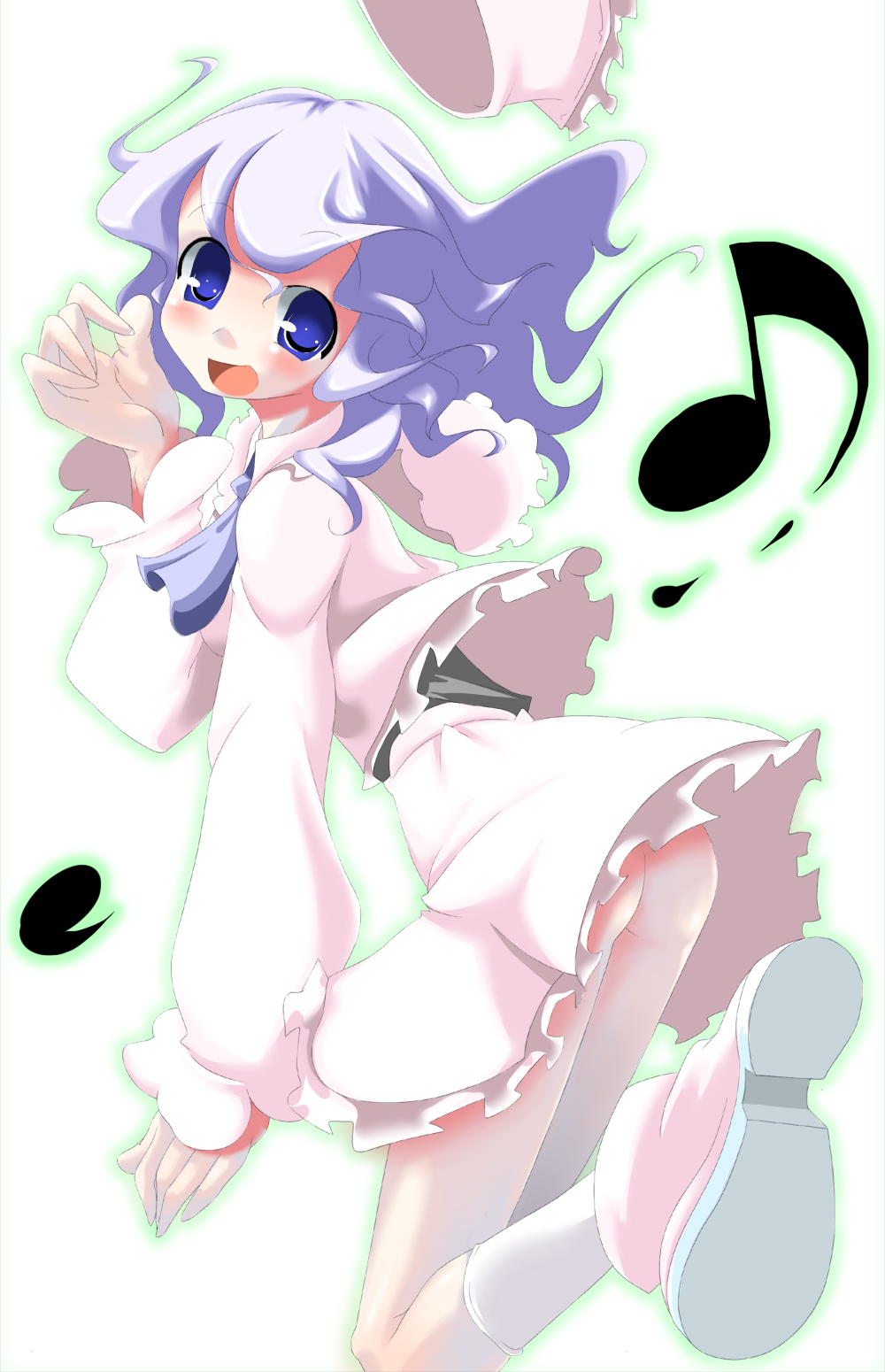 yofukashi, merlin prismriver, touhou, highres, 1girl, ass, blue eyes, blue hair, blush, female focus, hat, matching hair/eyes, musical note, no panties, open mouth, solo, upskirt