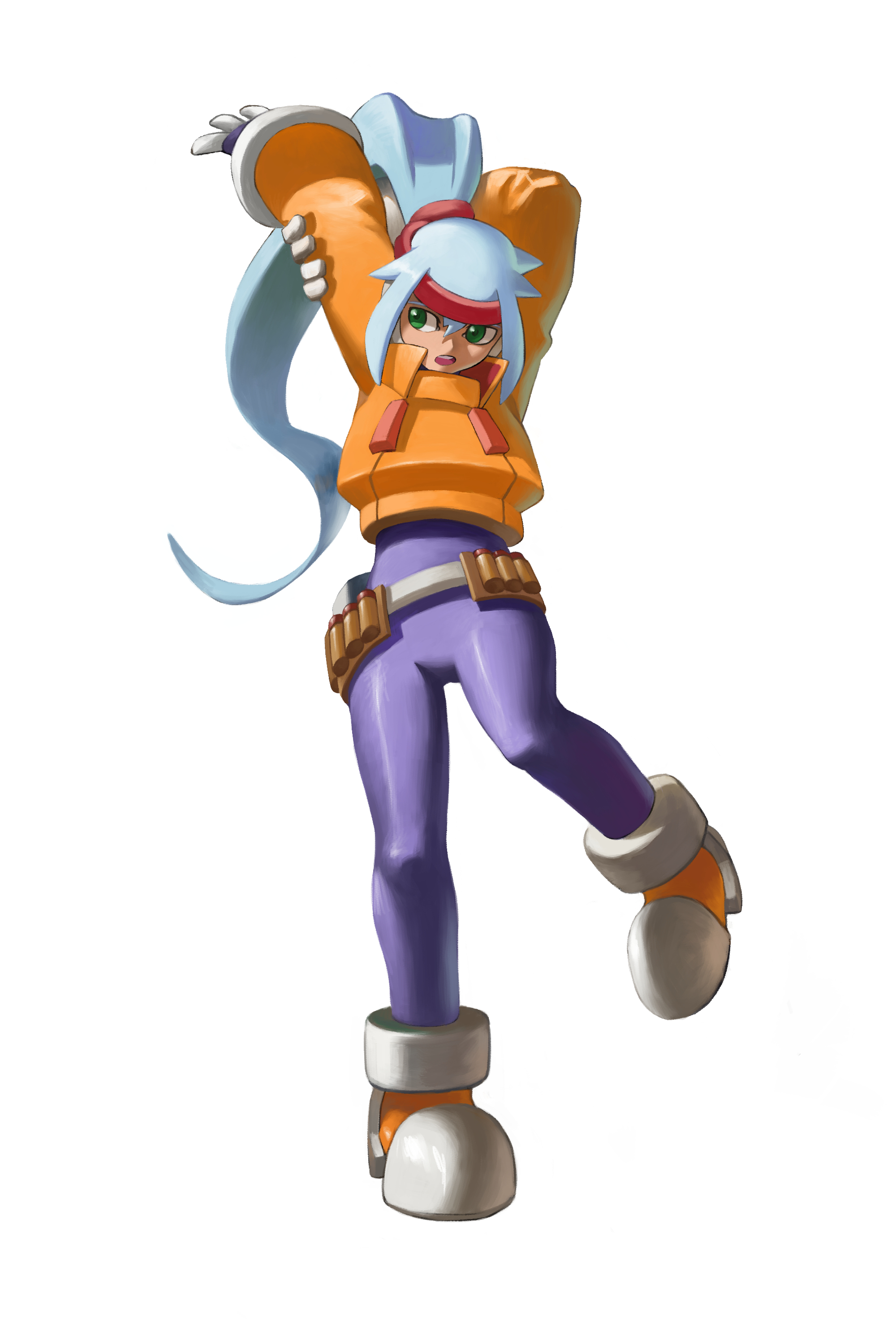 nzx78, ashe (mega man), mega man (series), mega man zx, mega man zx advent, absurdres, commentary request, highres, 1girl, arms up, black bodysuit, blue hair, bodysuit, cropped jacket, full body, green eyes, headband, high ponytail, jacket, long hair, orange jacket, ponytail, red headband, simple background, solo, white background