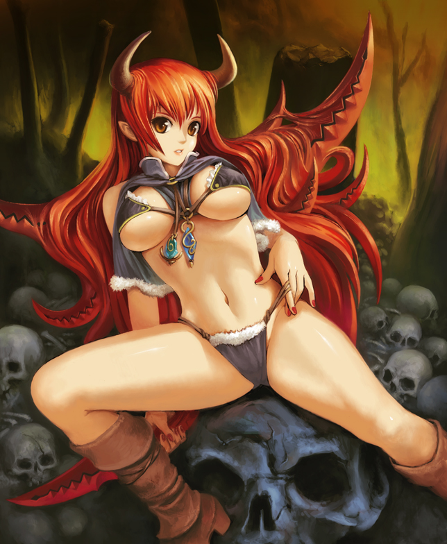 poripori (pixiv), original, 1girl, boots, bra, brown eyes, female focus, horns, lingerie, long hair, nail polish, navel, panties, pointy ears, red hair, red nails, sitting, skull, solo, spread legs, underwear, very long hair
