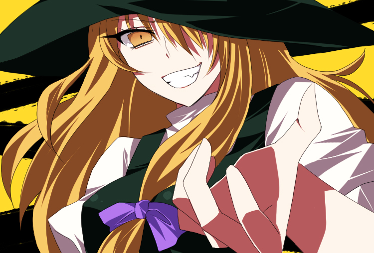 hane sotsu, kirisame marisa, touhou, 1girl, blonde hair, bow, clenched teeth, female focus, flat color, grin, hair bow, hair over one eye, hat, outstretched hand, reaching, smile, solo, teeth, witch hat, yellow eyes
