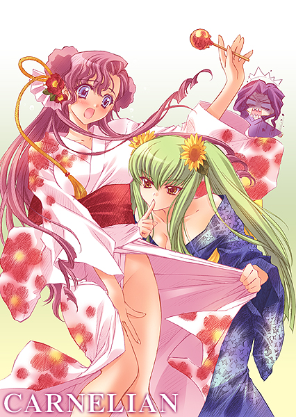 carnelian, c.c., cornelia li britannia, euphemia li britannia, code geass, bad id, bad pixiv id, 00s, 3girls, angry, blush, camellia, flower, green hair, japanese clothes, kimono, long hair, multiple girls, new year, no panties, open mouth, pink hair, purple hair, siblings, sisters, sunflower, twintails, yellow eyes, yuri