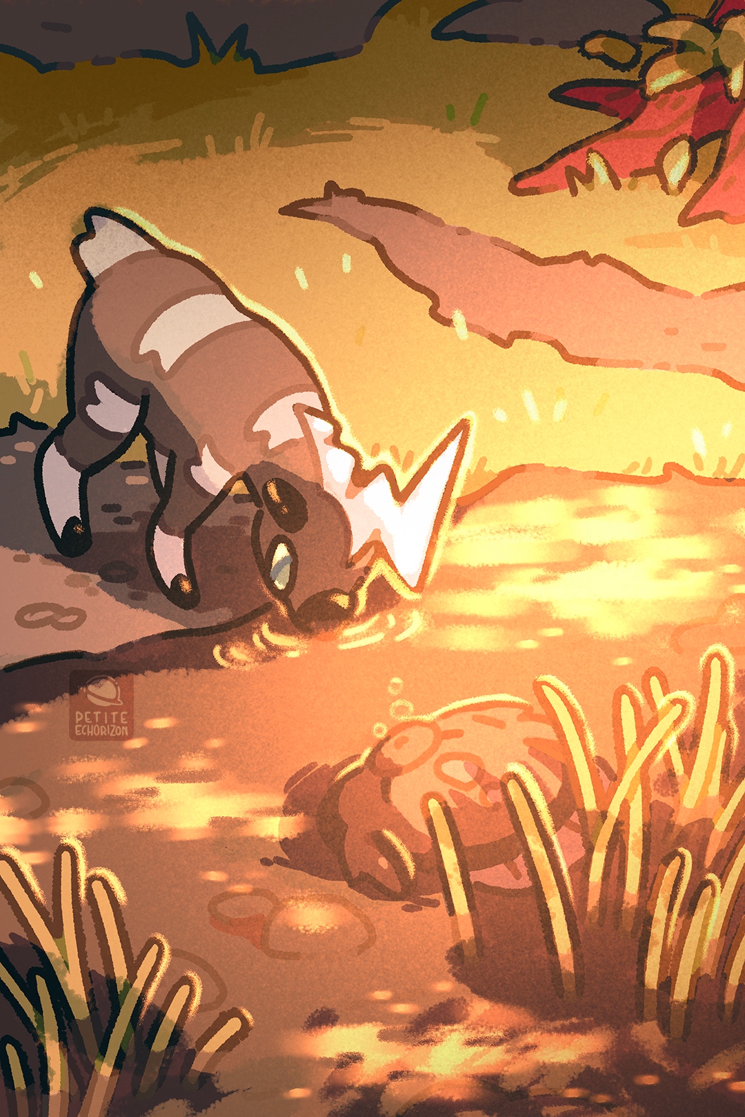 petite echorizon, blitzle, stunfisk, nintendo, pokemon, commentary, english commentary, highres, animal focus, blue eyes, colored sclera, drink, fish, gen 5 pokemon, grass, horns, horse, nature, no humans, outdoors, pokemon (creature), pokemon focus, rock, single horn, stream, sunlight, water, yellow sclera