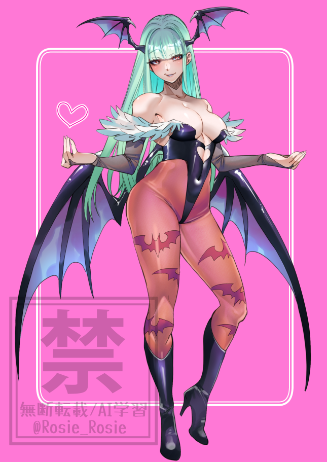 rosie rosie, morrigan aensland, darkstalkers, commentary, symbol-only commentary, 1girl, animal print, artist name, bare shoulders, bat print, black boots, black leotard, blush, boots, breasts, bridal gauntlets, cleavage, clothing cutout, demon girl, demon wings, full body, green hair, head wings, heart, heart cutout, high heel boots, high heels, highleg, highleg leotard, leotard, long hair, low wings, medium breasts, multiple wings, pantyhose, pink background, print pantyhose, simple background, solo, twitter username, watermark, wings, yellow eyes