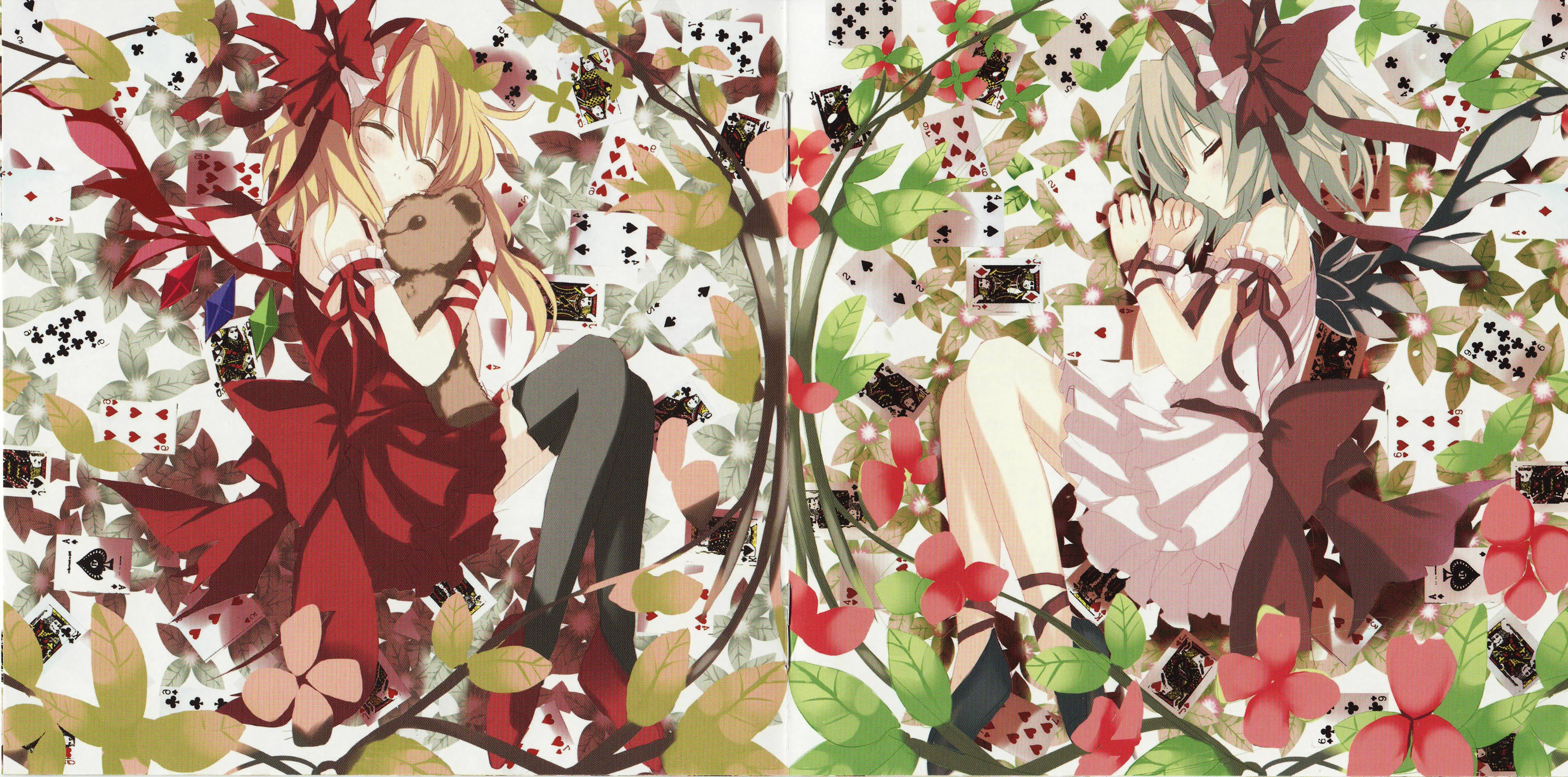 flandre scarlet, remilia scarlet, touhou, absurdres, artist request, highres, 2girls, black thighhighs, blonde hair, bow, card, closed eyes, dress, female focus, green hair, hair ribbon, hand on card, multiple girls, person on card, ribbon, short hair, siblings, side ponytail, sisters, sleeping, stuffed animal, stuffed toy, teddy bear, thighhighs, wings