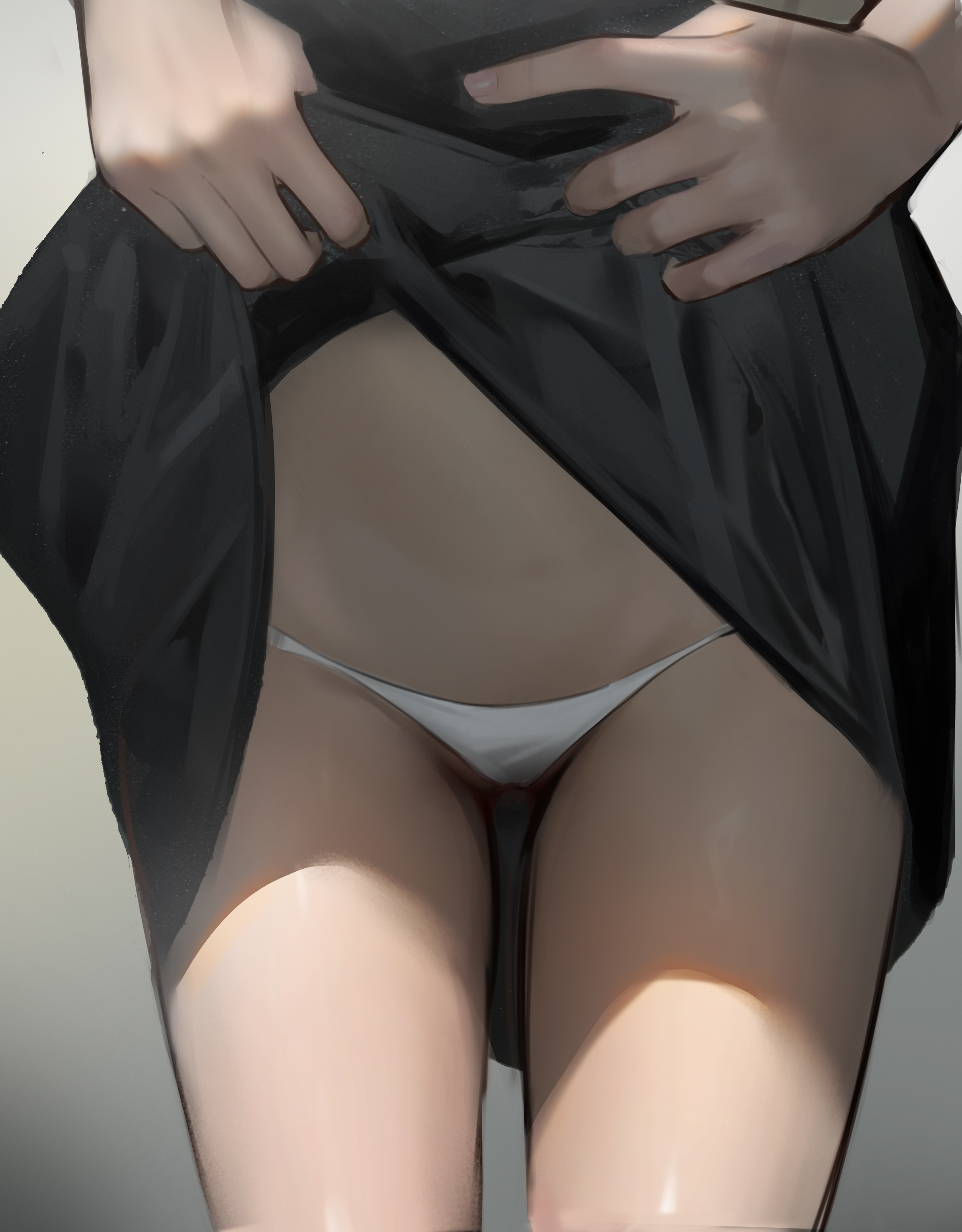 lvlv (wmhc3443), original, absurdres, chinese commentary, commentary request, highres, variant set, 1girl, black dress, close-up, clothes lift, crotch focus, dress, dress lift, flashing, gradient background, grey background, lifting own clothes, panties, solo, standing, string panties, underwear, white panties