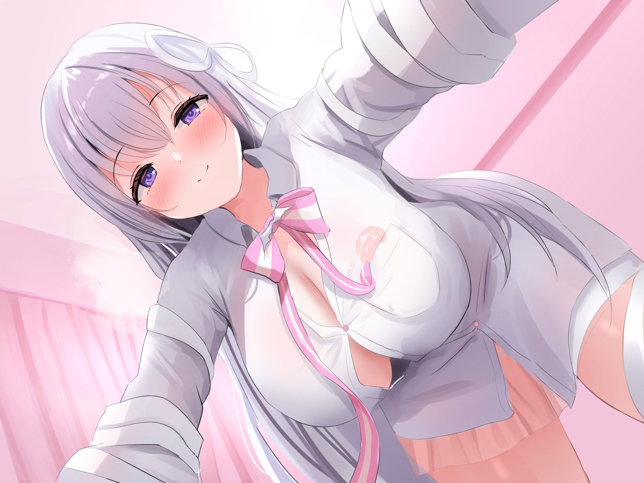 naito mare (vtuber), indie virtual youtuber, artist request, commentary request, highres, second-party source, 1girl, blush, bow, bowtie, breast pocket, breasts, closed mouth, collared shirt, grey hair, huge breasts, long hair, long sleeves, looking at viewer, looking down, miniskirt, no bra, partially unbuttoned, pink bow, pink bowtie, pocket, pov, purple eyes, seductive smile, see-through clothes, see-through skirt, shirt, skirt, smile, solo, split mouth, straight hair, striped bow, striped bowtie, striped clothes, virtual youtuber, white shirt, wing collar
