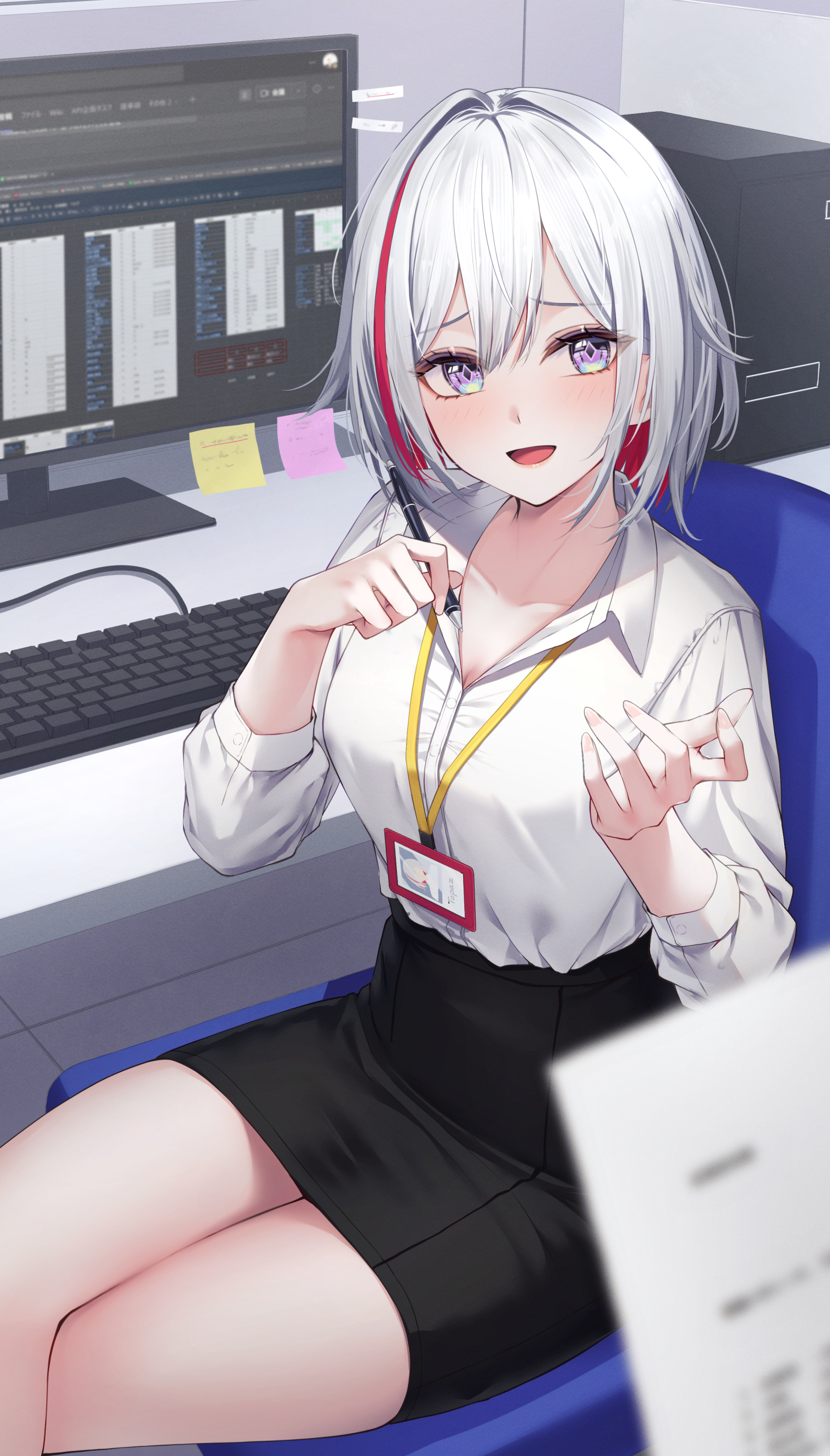 sakuno (sksk sakuno), topaz (honkai: star rail), honkai: star rail, honkai (series), absurdres, commentary request, highres, 1girl, black skirt, collared shirt, crossed legs, grey hair, holding, holding pen, id card, indoors, looking at viewer, multicolored eyes, office lady, open mouth, pen, pencil skirt, red hair, shirt, short hair, sitting, skirt, smile, solo, white shirt