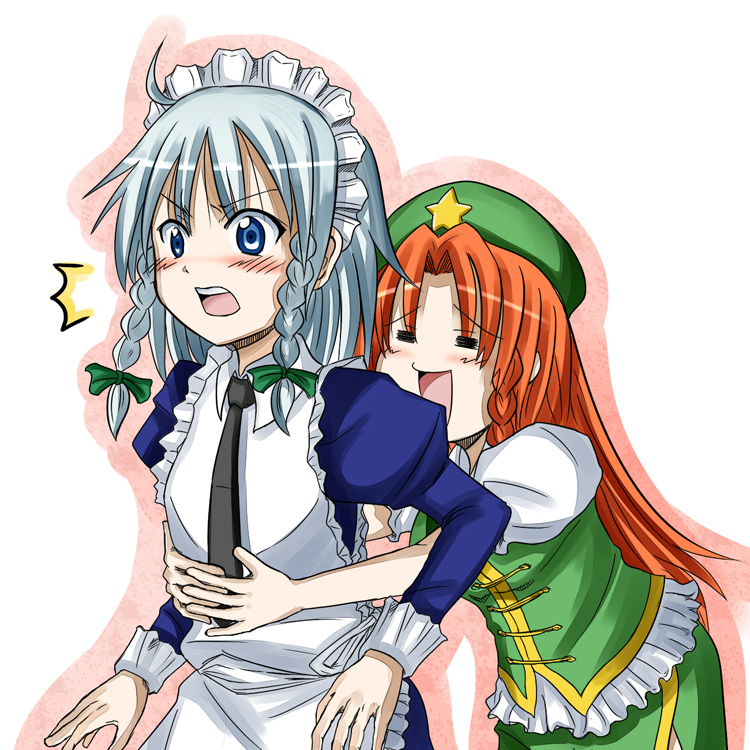 hong meiling, izayoi sakuya, embodiment of scarlet devil, touhou, silver hair, 2girls, female focus, hairband, hat, maid, multiple girls, red hair, skirt, white background