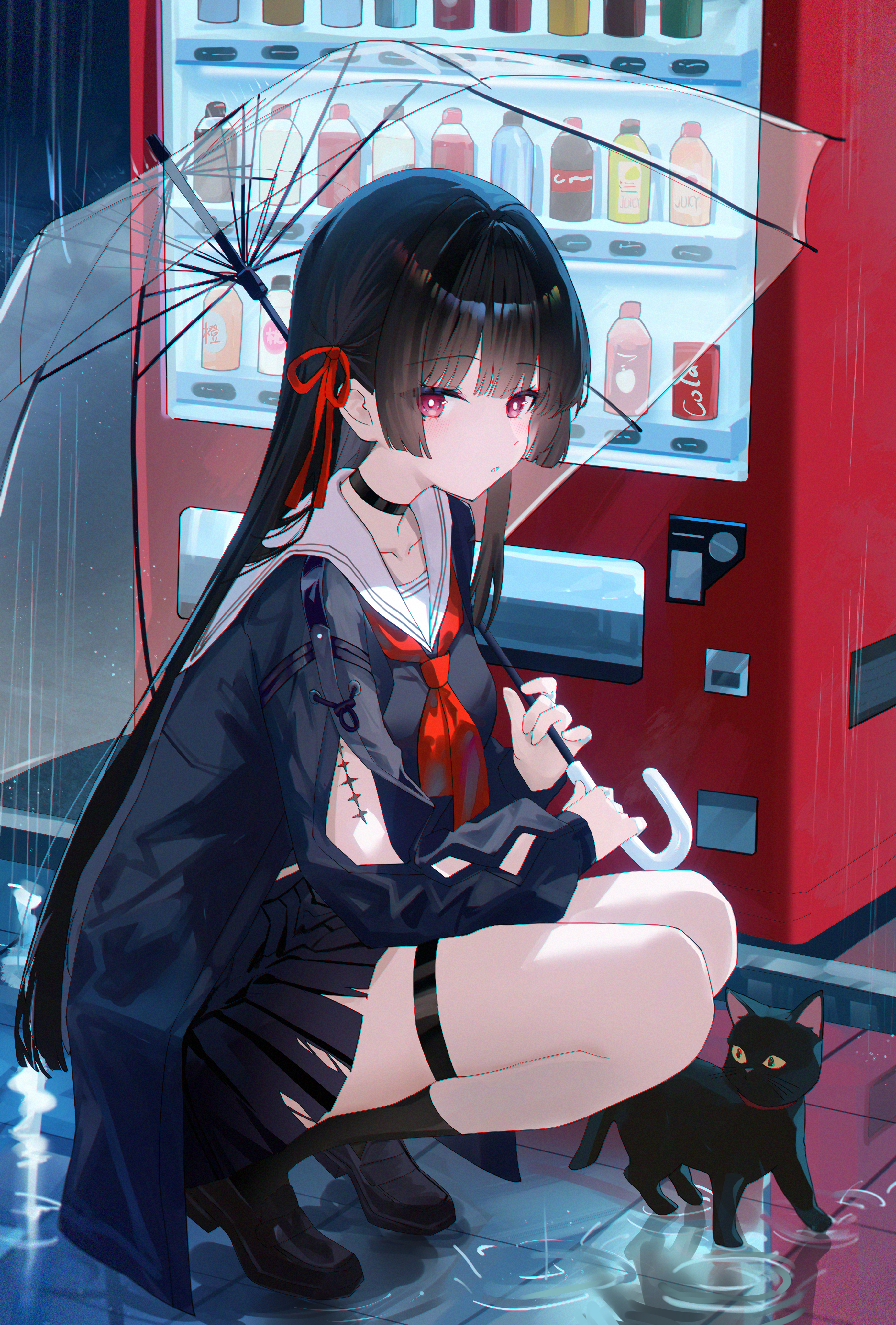 usagi (786113654), chisa (wuthering waves), wuthering waves, absurdres, commentary, highres, 1girl, arm cutout, black cat, black choker, black hair, black jacket, black shirt, black shoes, black skirt, black socks, breasts, bright pupils, cat, choker, clothing cutout, collarbone, hair ribbon, holding, holding umbrella, jacket, long hair, long sleeves, looking at viewer, medium breasts, neckerchief, parted lips, rain, red eyes, red neckerchief, red ribbon, ribbon, sailor collar, shirt, shoes, skirt, socks, solo, squatting, tacet mark (wuthering waves), thigh strap, transparent, transparent umbrella, umbrella, vending machine, white pupils, white sailor collar