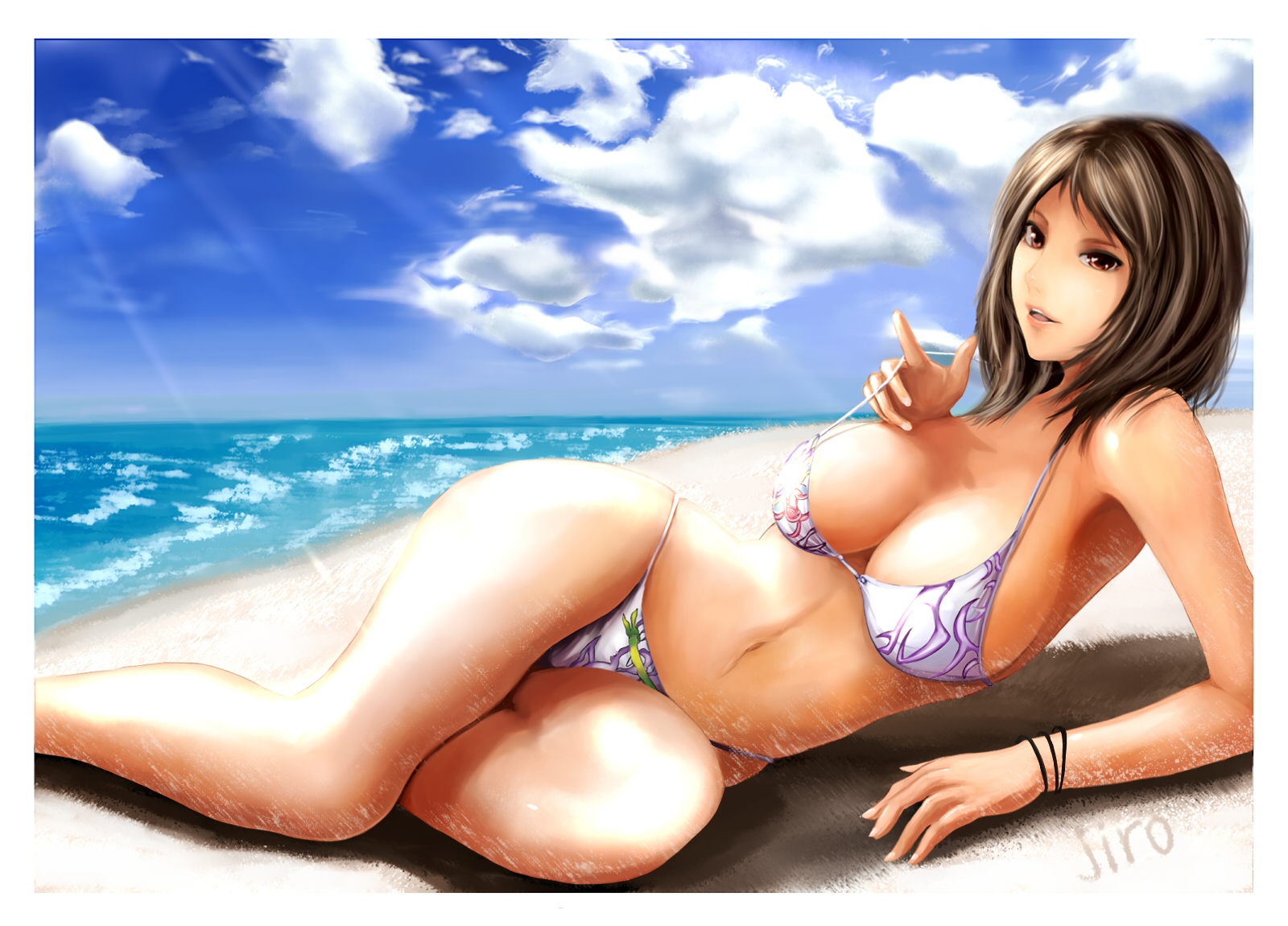 jiro, original, bad id, bad pixiv id, highres, 1girl, beach, bikini, breasts, brown eyes, brown hair, cloud, day, female focus, large breasts, light rays, lips, lipstick, lying, makeup, navel, outdoors, sand, sky, smile, solo, sunbeam, sunlight, swimsuit, water, wristband