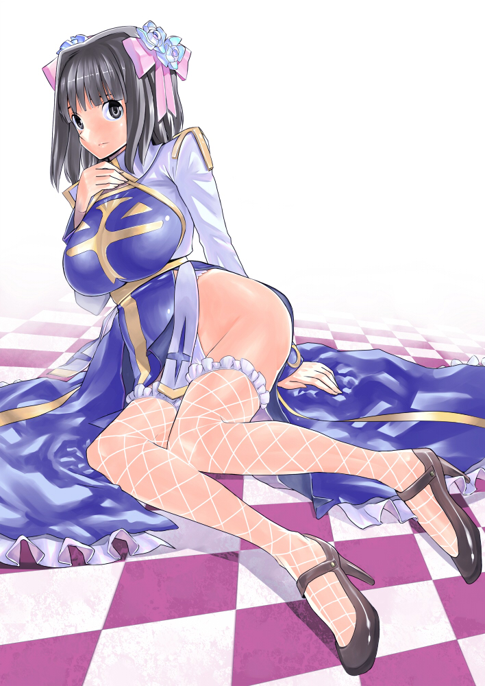 yaten, arch bishop (ragnarok online), ragnarok online, bad id, bad pixiv id, arm support, breast suppress, breasts, brown eyes, brown hair, dress, fishnets, flower, hair flower, hair ornament, high heels, highleg, highleg panties, large breasts, panties, shoes, short hair, sitting, solo, thighhighs, underwear