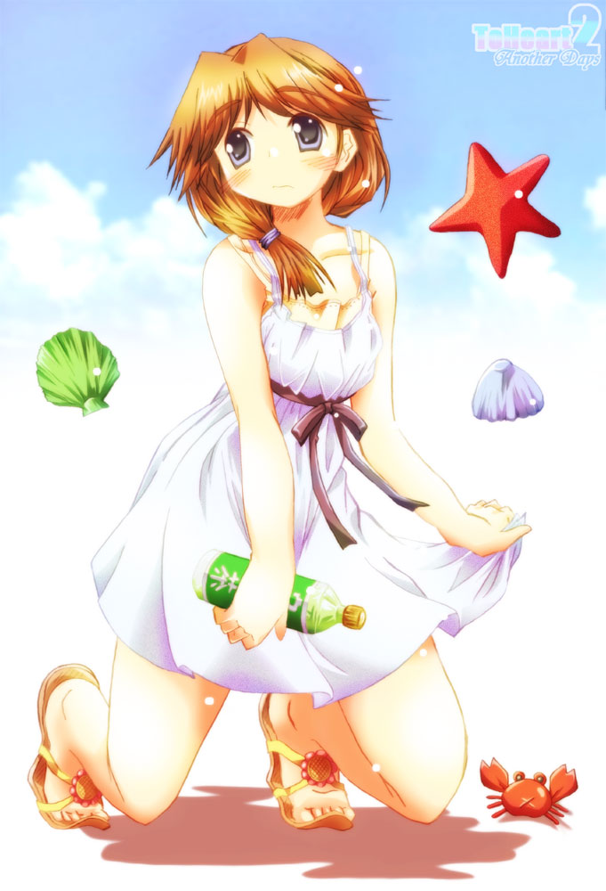 tamaki (diarie inaiinaibaa), komaki ikuno, to heart (series), to heart 2, to heart 2 ad, 00s, blush, bottle, crab, crustacean, dress, sandals, solo