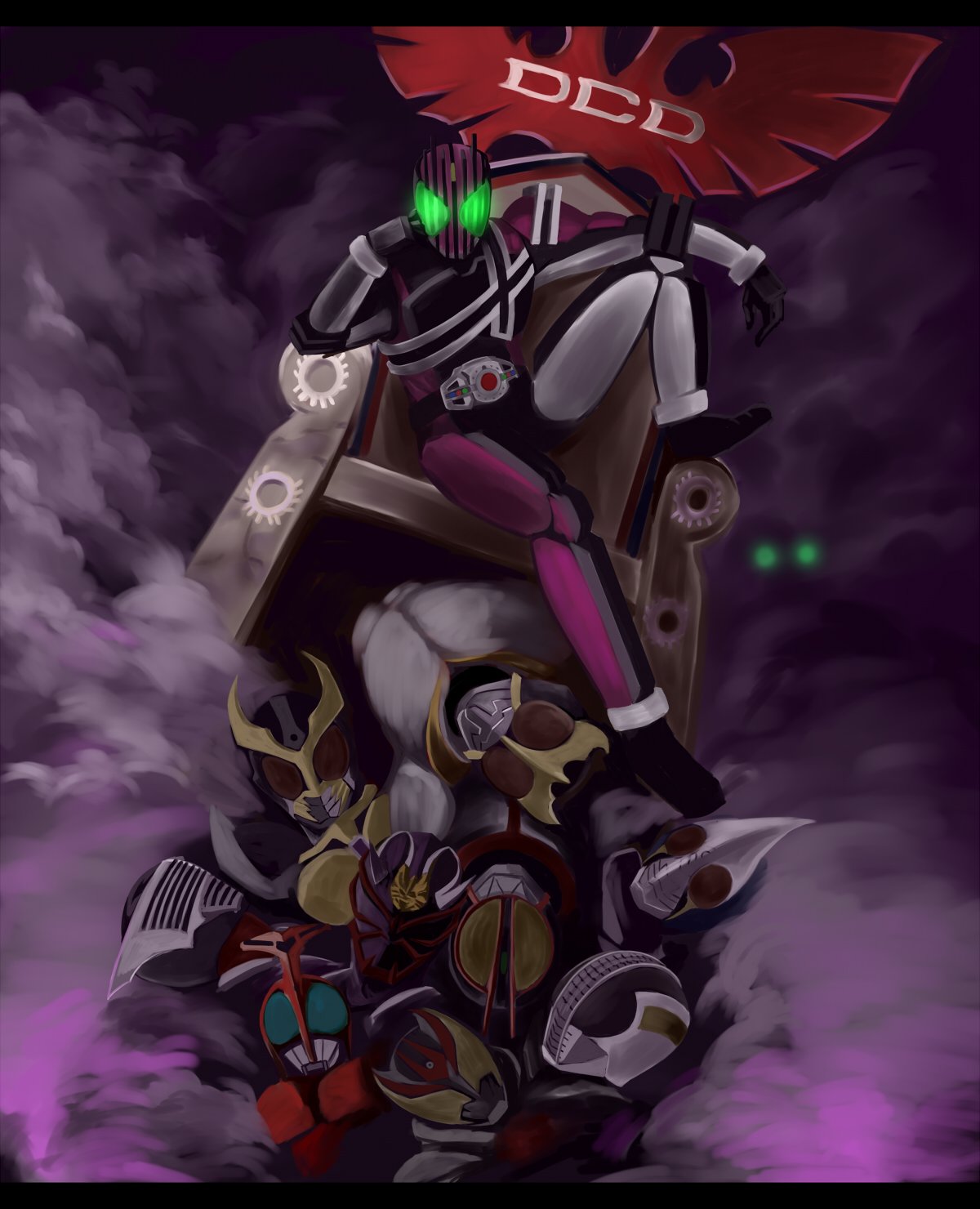 k tsukumo, yanagi ryuuta, kamen rider agito, kamen rider agito (ground form), kamen rider blade, kamen rider decade, kamen rider den-o, kamen rider den-o (plat form), kamen rider faiz, kamen rider hibiki, kamen rider kabuto, kamen rider kiva, kamen rider kuuga, kamen rider ryuki, kamen rider, kamen rider 555, kamen rider agito (series), kamen rider blade (series), kamen rider dcd, kamen rider den-o (series), kamen rider hibiki (series), kamen rider kabuto (series), kamen rider kiva (series), kamen rider kuuga (series), kamen rider ryuki (series), bad id, bad pixiv id, highres, 6+boys, everyone, glowing, glowing eyes, horns, male focus, multiple boys, single horn, throne