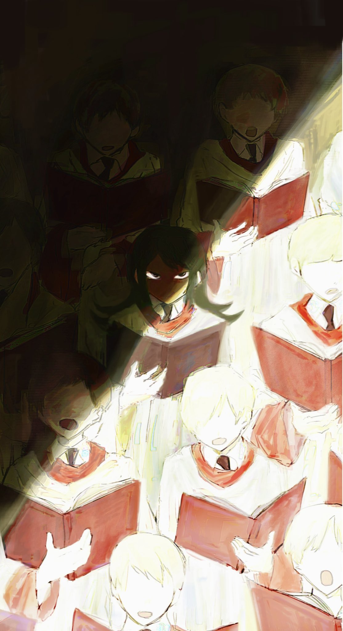 abaddon (haunted hotel), haunted hotel, hashtag-only commentary, highres, 6+boys, black eyes, black hair, blonde hair, book, choir, faceless, faceless male, holding, holding book, kdowo31785, long hair, looking at viewer, male focus, multiple boys, music, robe, shaded face, shadow, singing, white robe