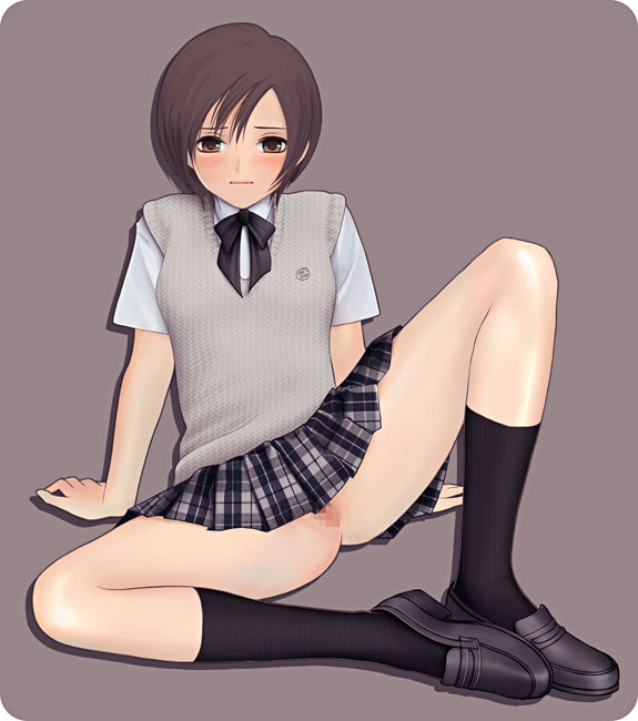 yuffie kisaragi, final fantasy, final fantasy vii, 1990s (style), 1girl, blush, bow, brown eyes, brown hair, censored, female focus, full body, no panties, pussy, retro artstyle, school uniform, shoes, short hair, simple background, sitting, skirt, socks, solo, spread legs, vest