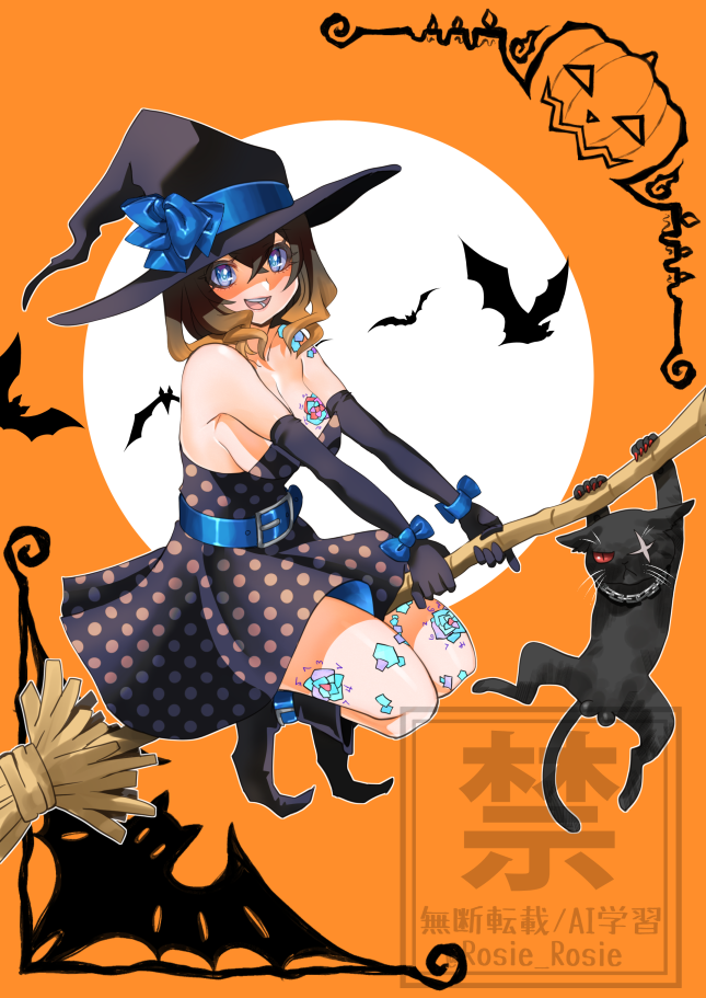 rosie rosie, miriam (bloodstained), bloodstained: ritual of the night, bloodstained (series), commentary request, 1girl, bare shoulders, bat (animal), black dress, black hat, blue eyes, breast tattoo, broom, broom riding, brown hair, cat, dress, full body, hat, leg tattoo, medium hair, open mouth, orange background, shoulder tattoo, simple background, solo, strapless, strapless dress, tattoo, watermark, witch, witch hat