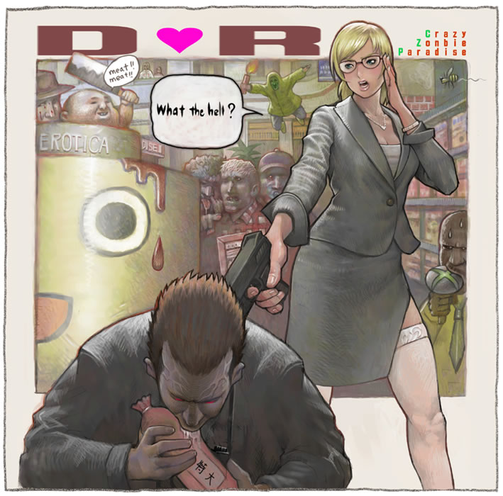 frank west, jessica mccarney, servbot (mega man), capcom, dead rising, dead rising 1, mega man (series), mega man legends (series), translated, 1girl, 6+boys, bad end, english text, engrish text, food, glasses, gun, handgun, multiple boys, pistol, ranguage, sausage, speech bubble, thighhighs, weapon, what, zombie