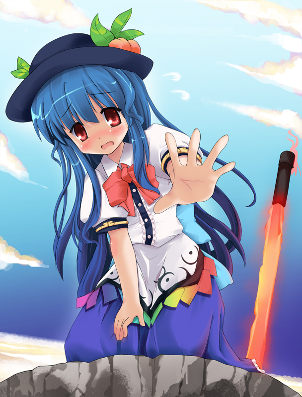 niiya, hinanawi tenshi, touhou, 1girl, blue hair, blush, cloud, female focus, food, fruit, gradient background, hat, kneeling, long hair, outdoors, peach, red eyes, sky, solo, sword, sword of hisou, weapon
