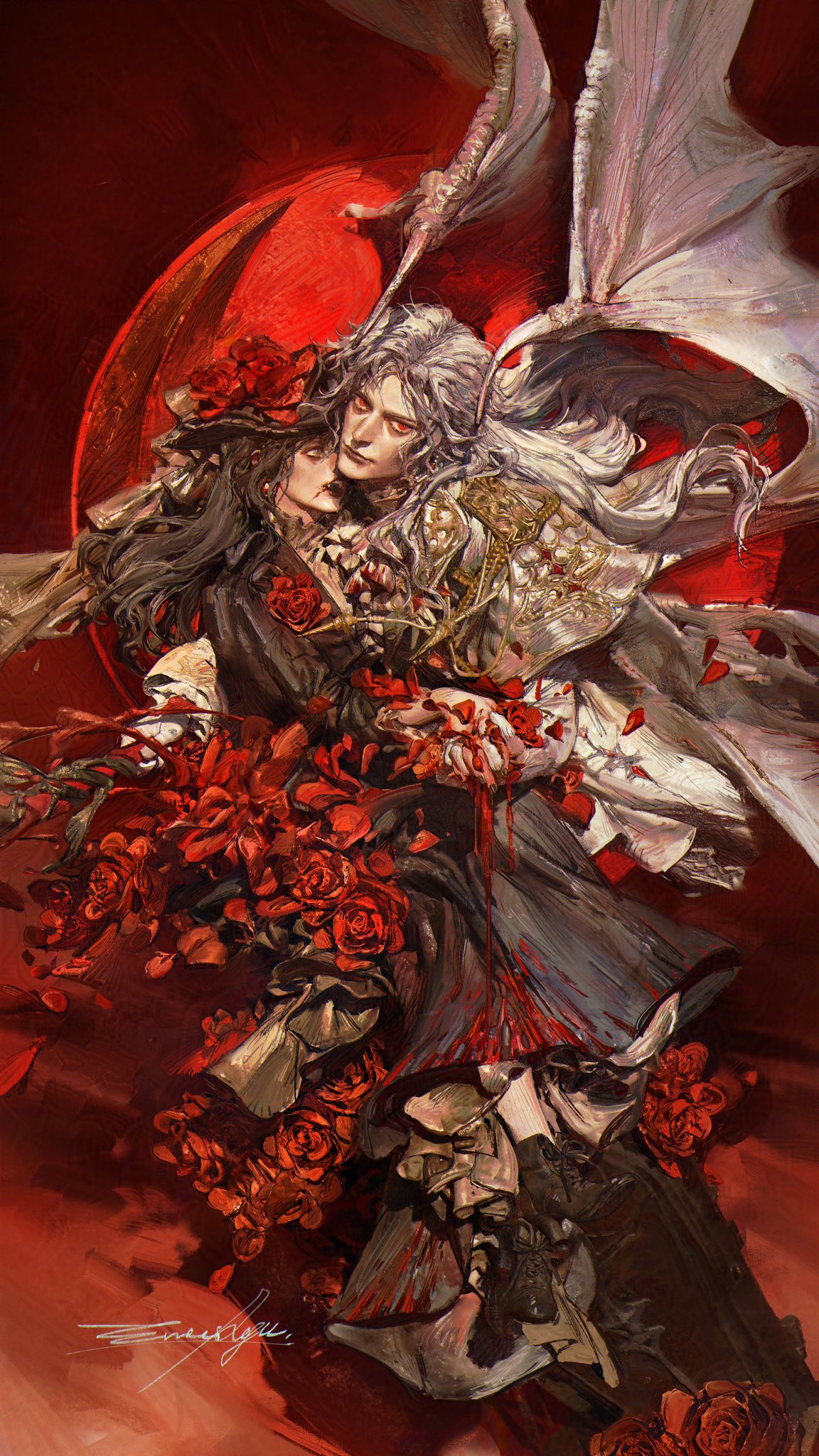 entei ryu, protagonist (love and deepspace), sylus (love and deepspace), love and deepspace, commentary, english commentary, highres, 1boy, 1girl, black dress, black shoes, blood, blood in mouth, blood on face, brown hair, cape, dragon wings, dress, fang, fangs, gold trim, holding hands, long dress, long hair, looking at another, looking at viewer, moon, petals, red eyes, red moon, robe, rose petals, shoes, vampire, white hair, white robe, wings