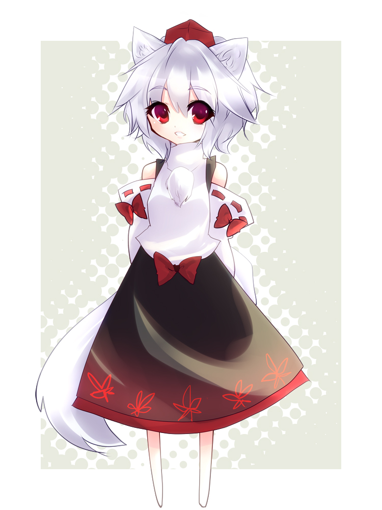 sushikuugo (suisen), inubashiri momiji, touhou, silver hair, bad id, bad pixiv id, 1girl, animal ears, chibi, detached sleeves, female focus, full body, hat, red eyes, short hair, solo, standing, tail, tokin hat, wolf ears, wolf tail