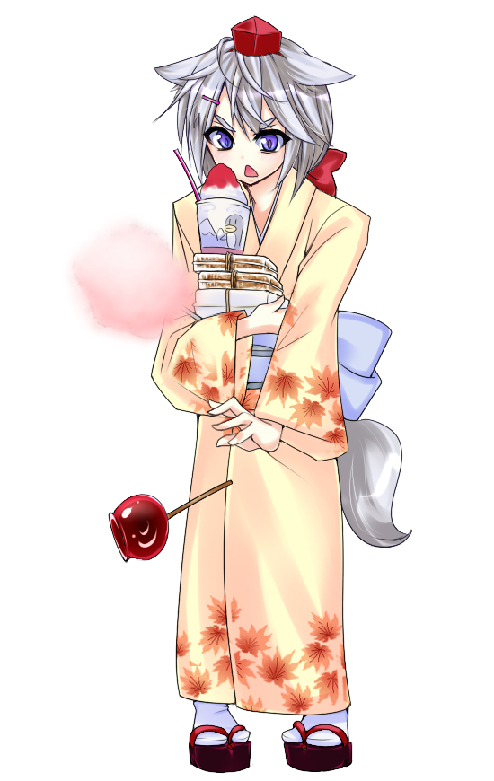 sushikuugo (suisen), inubashiri momiji, touhou, silver hair, bad id, bad pixiv id, 1girl, animal ears, candy apple, clog sandals, cotton candy, female focus, food, geta, hair ornament, hairclip, hat, japanese clothes, kimono, purple eyes, shaved ice, short hair, simple background, solo, tail, tokin hat, wolf ears, wolf tail