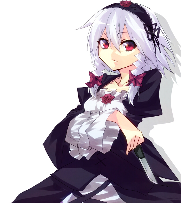 sushikuugo (suisen), tanaka rie, izayoi sakuya, suigintou, rozen maiden, touhou, touhou musou kakyou, silver hair, bad id, bad pixiv id, 1girl, braid, cosplay, dress, female focus, frills, gothic lolita, hairband, knife, lolita fashion, red eyes, short hair, simple background, solo, suigintou (cosplay), twin braids, voice actor connection