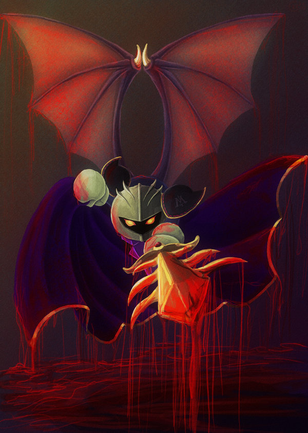meta knight, kirby (series), nintendo, super smash bros., bat wings, blood, cape, galaxia (sword), glowing, glowing eyes, male focus, mask, solo, sword, weapon, wings, yellow eyes