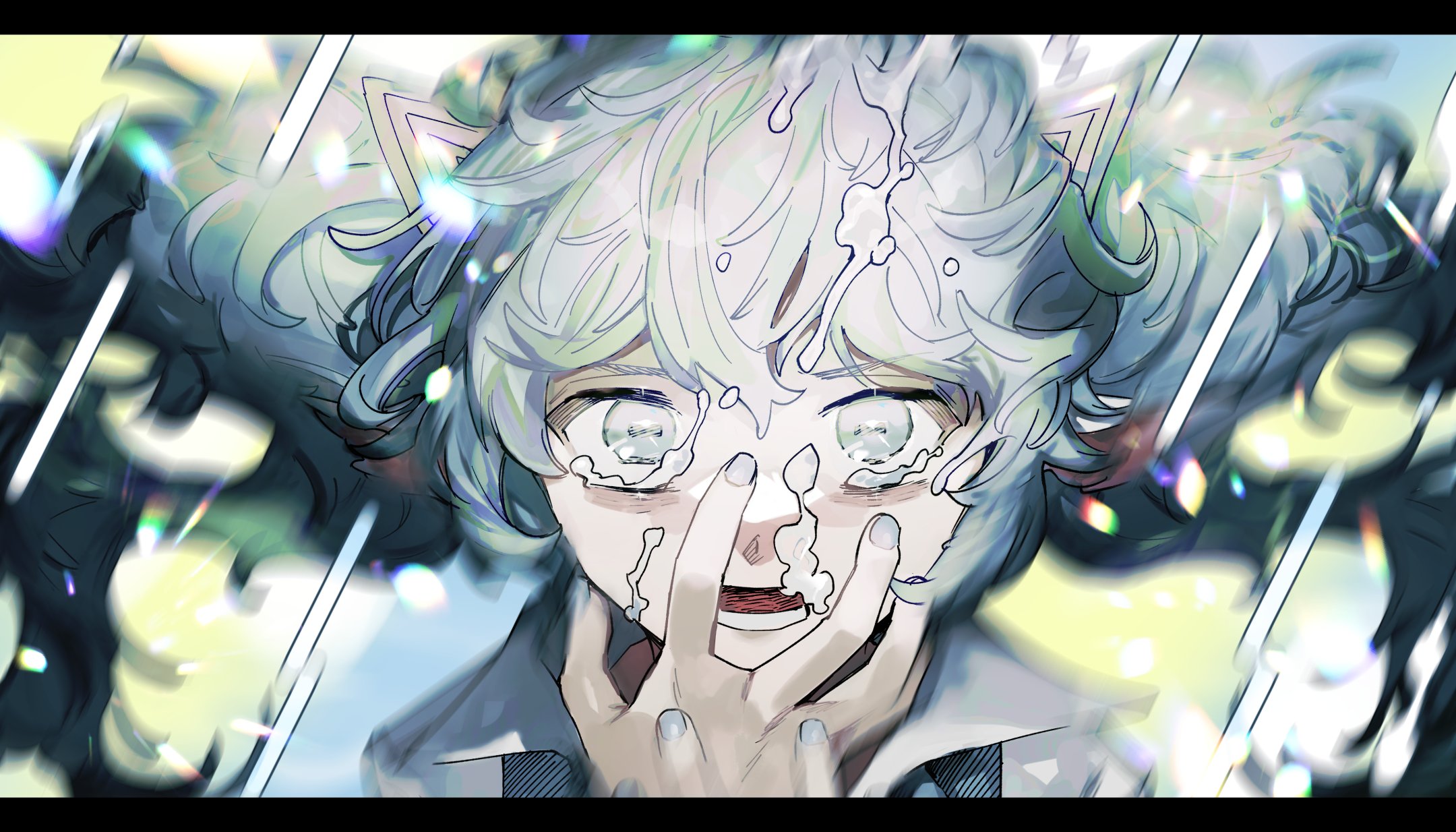 soyaka, hatsune miku, vocaloid, commentary request, highres, 1girl, air bubble, blue eyes, blue hair, blue nails, blurry, blurry background, bubble, crying, letterboxed, non-breath oblige (vocaloid), open mouth, portrait, solo, tears, twintails, underwater