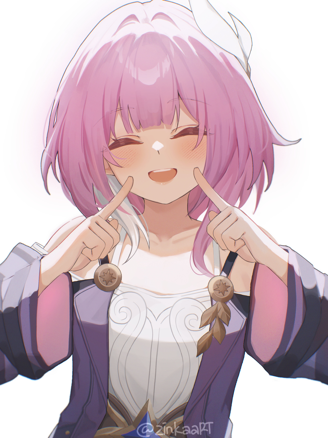 zinkaa, cyrene (aedes elysiae) (honkai: star rail), cyrene (honkai: star rail), honkai: star rail, honkai (series), commentary, highres, revision, 1girl, bare shoulders, blush, closed eyes, coat, collarbone, dress, facing viewer, finger to face, hair ornament, hands up, index finger raised, medium hair, open mouth, pink hair, purple coat, simple background, smile, solo, twitter username, upper body, white background, white dress