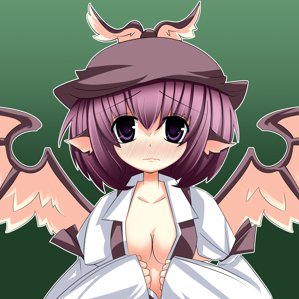 hekiryuu, mystia lorelei, touhou, 1girl, animal ears, blush, breasts, cleavage, female focus, gradient background, hat, open clothes, open shirt, pink hair, purple hair, shirt, short hair, solo, undressing, wings