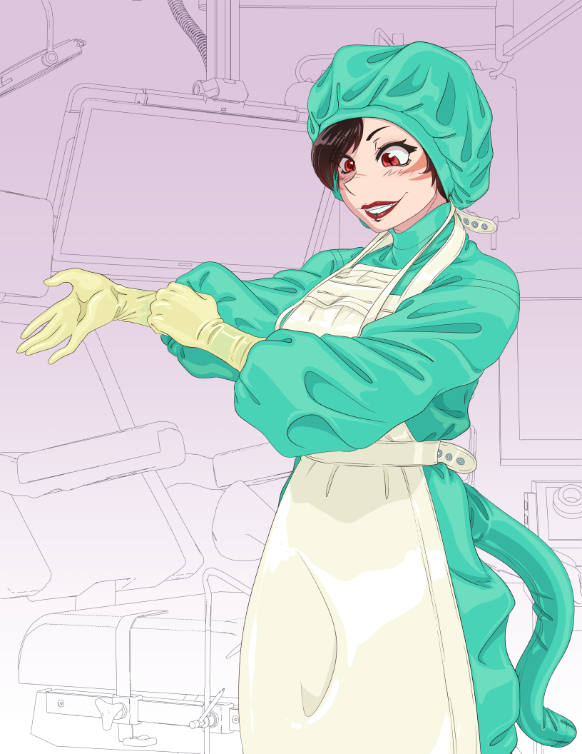 commander rab(layer industries), v the nurse, bsfs, final fantasy, final fantasy xiv, original, adjusting clothes, adjusting gloves, apron, gloves, latex, latex gloves, medical scrubs, miqo'te, surgeon, surgical cap