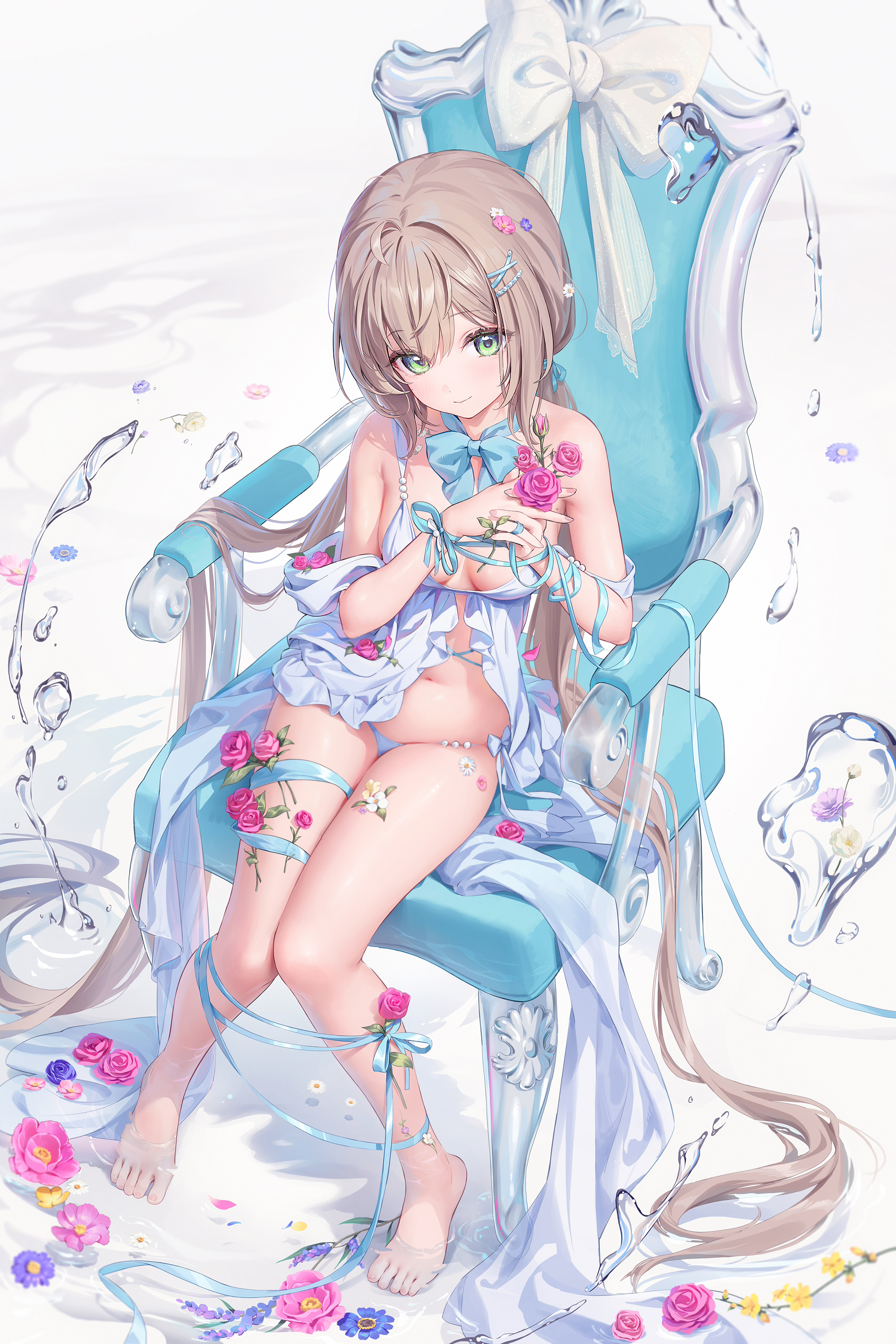 houkisei, momoko (houkisei), original, absurdres, clothing request, commentary, highres, 1girl, bare shoulders, barefoot, blue panties, breasts, breasts apart, brown hair, chair, closed mouth, flower, full body, green eyes, hair between eyes, hair ornament, hairclip, hands up, holding, holding flower, light smile, long hair, looking at viewer, medium breasts, navel, on chair, panties, pink flower, sitting, solo, stomach, toenails, toes, underwear, very long hair