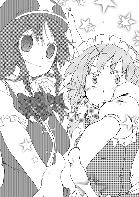 natsuk, uro (urotanc), hong meiling, izayoi sakuya, embodiment of scarlet devil, touhou, 2girls, breasts, female focus, foreshortening, greyscale, hat, maid, monochrome, multiple girls, ribbon, short hair, upper body, white background