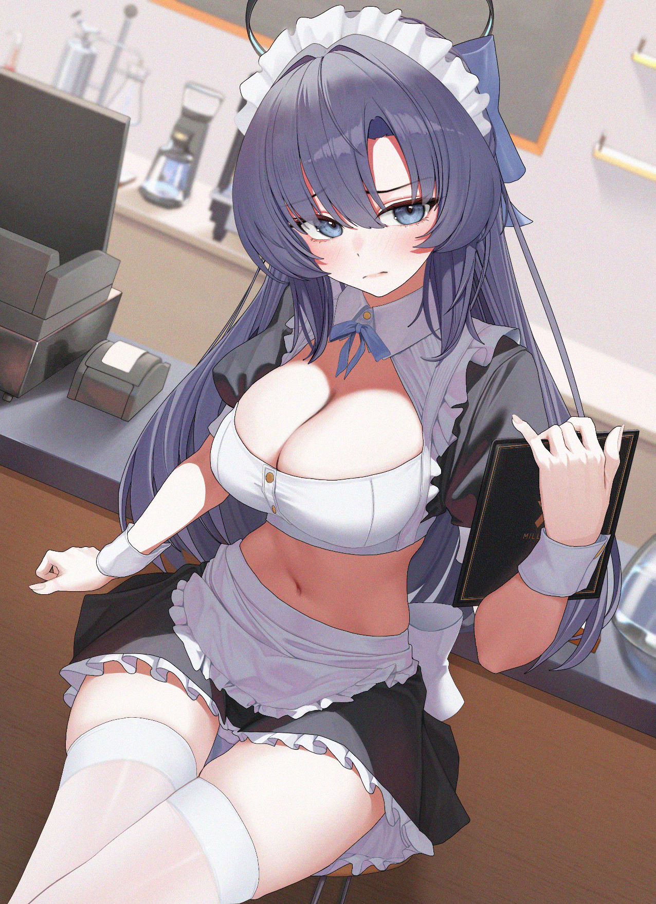 lp (lp0000 k), yuuka (blue archive), blue archive, commentary, highres, 1girl, alternate costume, apron, black skirt, breasts, cleavage, halo, holding, holding menu, indoors, large breasts, long hair, maid, maid apron, maid headdress, mechanical halo, menu, navel, panties, purple eyes, purple hair, skirt, solo, thighhighs, thighs, underwear, very long hair, white apron, white panties, white thighhighs, zettai ryouiki
