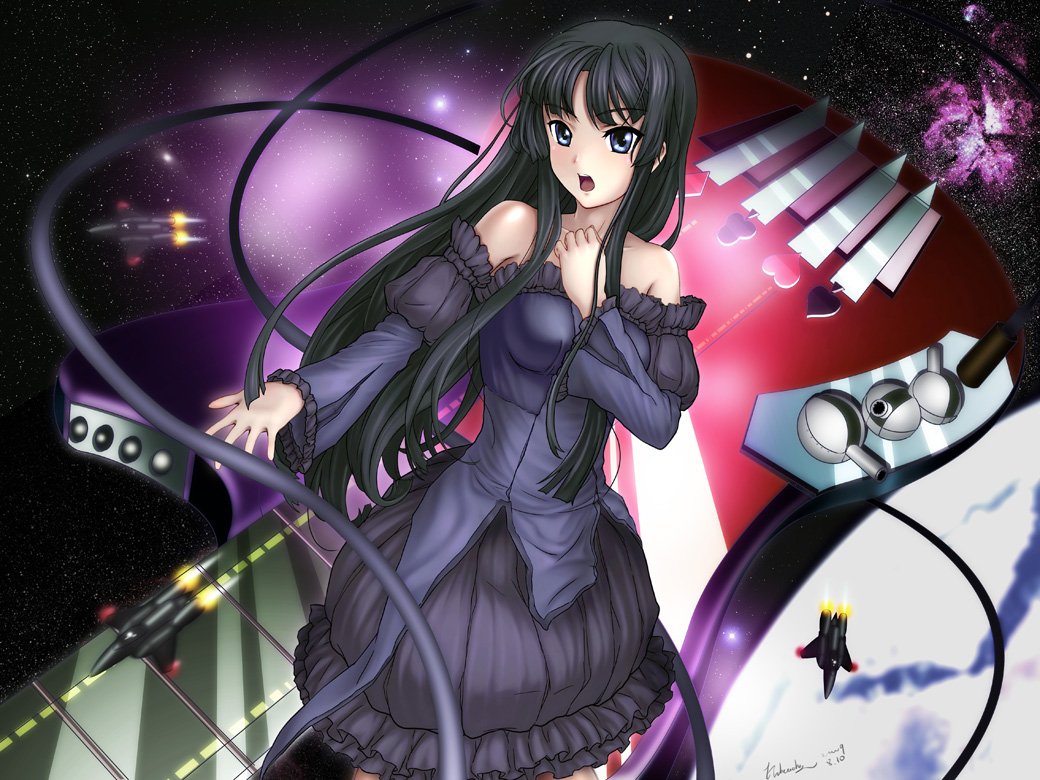 kuleacha, akiyama mio, k-on!, 00s, 1girl, bare shoulders, black hair, blue eyes, blunt bangs, clubs, diamond (gemstone), diamond (shape), female focus, frills, gathers, guitar, heart, instrument, signature, skirt, solo, space, spacecraft, spade, star (symbol)