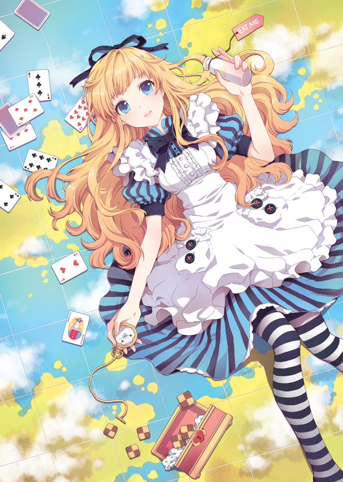 nardack, alice (alice in wonderland), alice's adventures in wonderland, 1girl, apron, blonde hair, blue eyes, bow, box, breasts, buttons, candy, card, cookie, dress, female focus, food, frills, globe, hair ribbon, jar, joker (playing card), long hair, lying, map, medium breasts, on back, playing card, pocket watch, ribbon, solo, striped clothes, striped thighhighs, thighhighs, watch