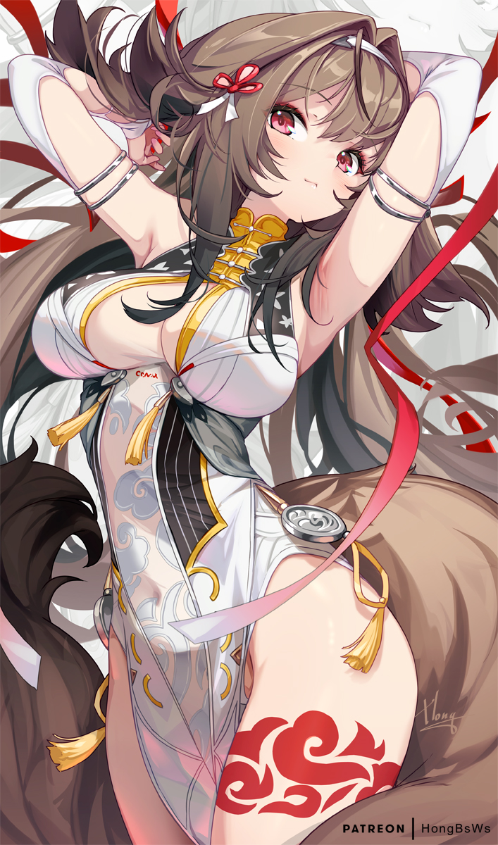 hong (white spider), ye shunguang, zenless zone zero, commentary request, highres, 1girl, armlet, armpits, arms up, breasts, brown hair, brown tail, china dress, chinese clothes, covered navel, dress, droopy ears, fox girl, hairband, jewelry, large breasts, leg tattoo, long hair, looking at viewer, pelvic curtain, red eyes, silver armlet, solo, tail, tattoo, thighs, white dress, white hairband