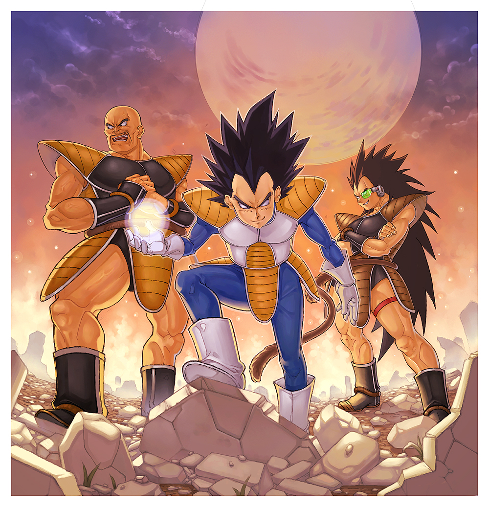 katsutake, nappa, raditz, vegeta, dragon ball, dragonball z, bad id, bad pixiv id, 3boys, armor, aura, bald, cloud, energy ball, gloves, long hair, male focus, moon, multiple boys, rubble, scouter, spiked hair, tail