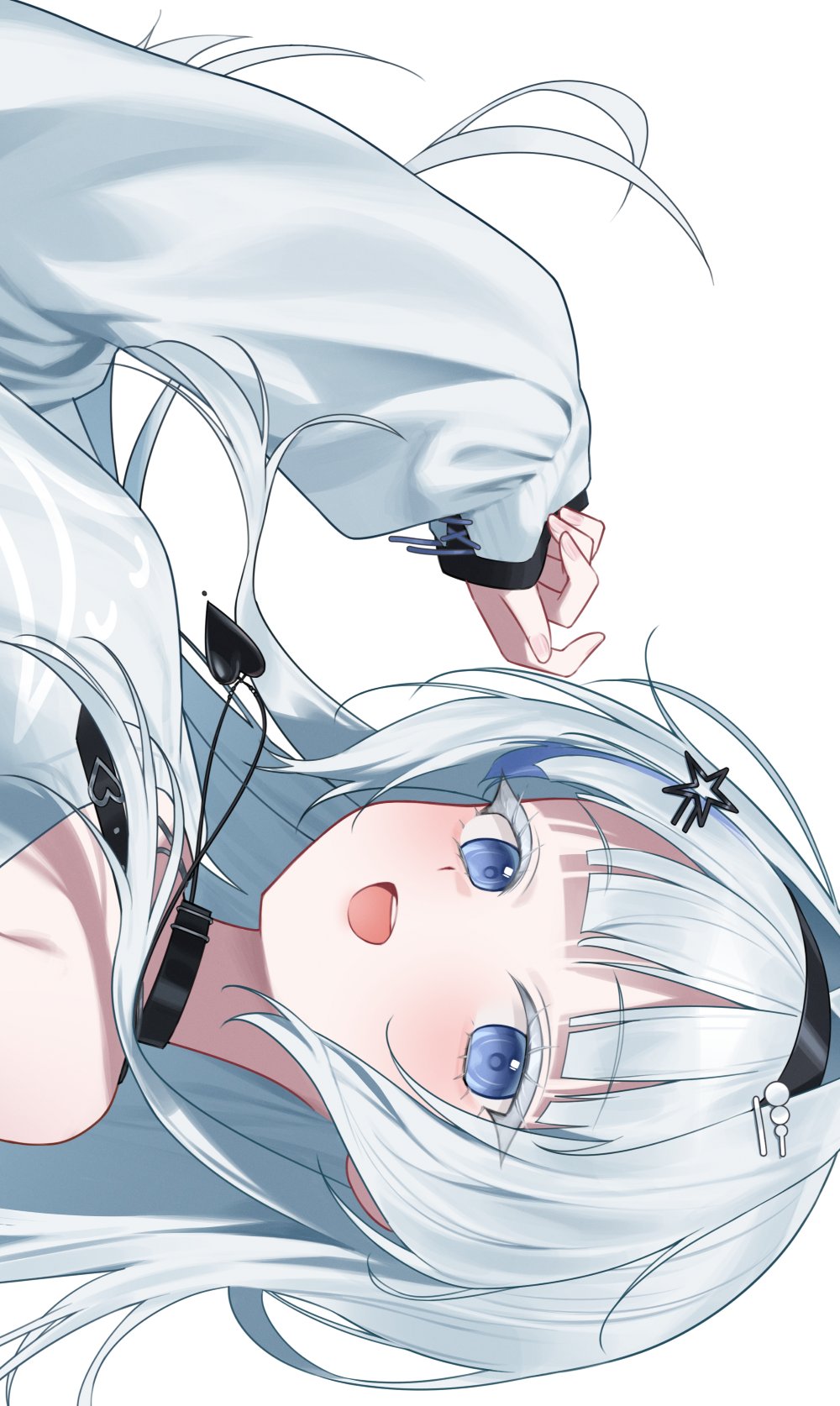 n4 h4m, original, commentary, commission, english commentary, highres, 1girl, black choker, blue eyes, choker, colored eyelashes, hair ornament, hairband, hairclip, hand up, heart, heart necklace, jewelry, long hair, long sleeves, looking at viewer, necklace, off shoulder, open mouth, simple background, single bare shoulder, smile, solo, upper body, white background, white eyelashes, white hair