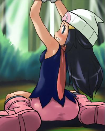 awa, dawn (pokemon), nintendo, pokemon, lowres, cuffs, handcuffs, kneeling, looking back